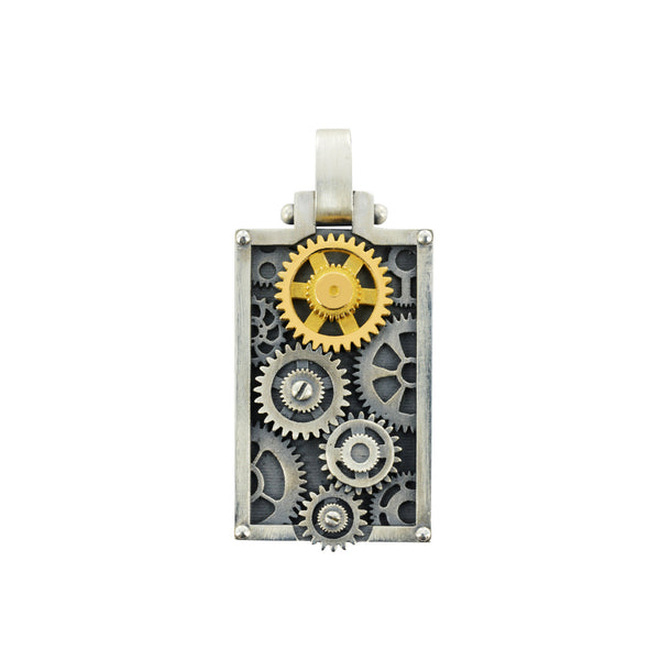 Engrenages Rectangle pendant in silver and yellow gold