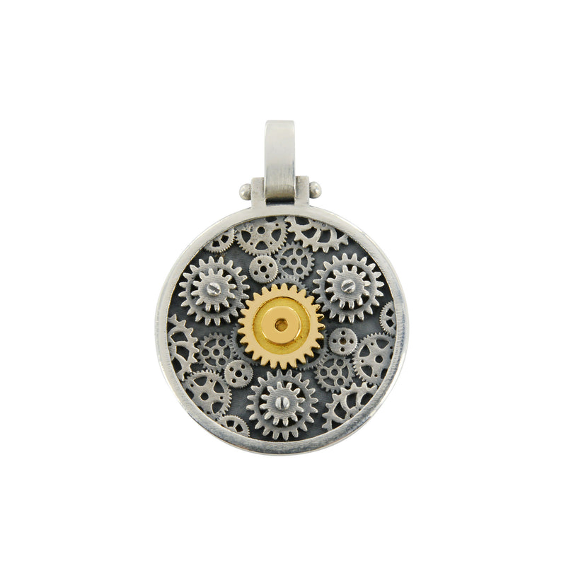 Pendant Engrenages round  in silver and yellow gold