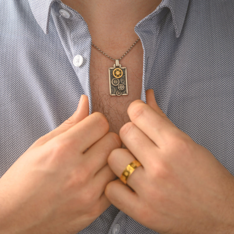 Engrenages Rectangle pendant in silver and yellow gold