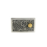Rectangular gear bracelet in silver and yellow gold